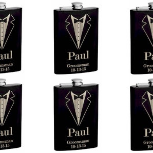 Set of 10 8oz Black Tuxedo Groomsmen Hip Flask with Personalization