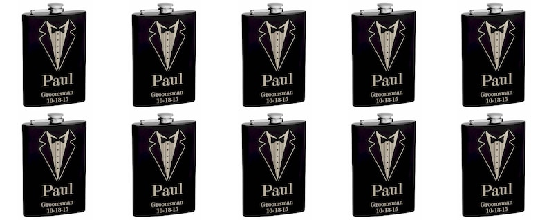 Set of 10 8oz Black Tuxedo Groomsmen Hip Flask with Personalization