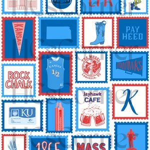 May include: A collage of postage stamp-style images with a red, white, and blue color scheme. The stamps feature various designs, including a basketball jersey, a map of Kansas, and the text "ROCK CHALK".