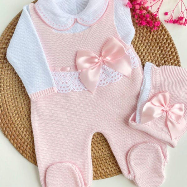 Newborn knitwear beige Pink Baby knitted Goin Home newborn knit outfit first cloth from hospital made spain pregnant sweet wait