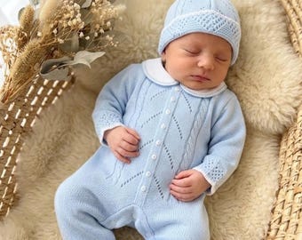 Stickat Nyfödd pojke Blå stickat Babytrikå Goin Home outfit första tyg från sjukhustillverkat Spanien