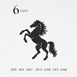 May include: A black embroidery design of a rearing horse on a white background. The text 6 SIZES appears at the top left, and the file formats .DST .PES .DGT .HUS .CND .VP3 .EMB are listed at the bottom of the image.