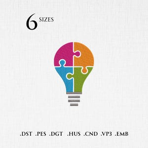 May include: A colorful lightbulb design made of puzzle pieces in pink, orange, blue, and green. The image includes the text "6 SIZES" and file extensions .DST, .PES, .DGT, .HUS, .CND, .VP3, and .EMB. The design is on a white background.