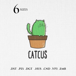 May include: A green cat-shaped cactus in a brown pot with the word "CATCUS" below. The image also includes the text "6 SIZES" and various file format extensions. The design is a whimsical illustration.