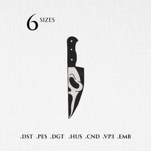 Puede incluir: Gráfico en blanco y negro de un cuchillo con un diseño de máscara de Scream en la hoja. El mango es negro con puntos blancos. El número 6 y la palabra "SIZES" están encima del cuchillo. Debajo, las extensiones de archivo .DST .PES .DGT .HUS .CND .VP3 .EMB.