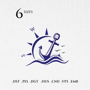 May include: A navy blue nautical design featuring an anchor, compass rose, and waves. The image includes the text "6 SIZES" and file format extensions. The design is suitable for embroidery or digital crafts.