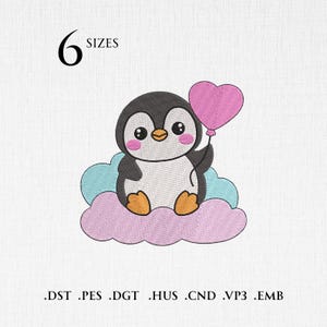 May include: A cartoon penguin with a black and white body, pink cheeks, and orange feet sits on a pink cloud holding a pink heart-shaped balloon. The image includes the text "6 SIZES" and file type extensions.
