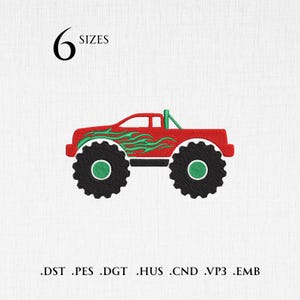Monster Truck Embroidery Design - Off-Road Truck with Green Flames - Extreme Racing Patch - 6 Sizes