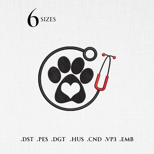 Veterinary Paw Print Embroidery Design, Animal Doctor Machine embroidery File, Pet Medical Digital Download