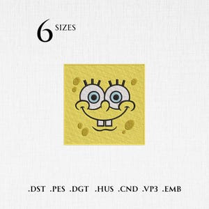 Sponge Face Cartoon Embroidery Design, Funny Yellow Character Digital File, 6 sizes