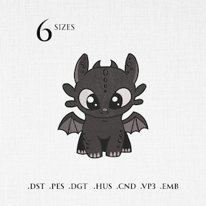 May include: A black cartoon dragon with large white eyes, small wings, and a friendly expression. The image includes the text "6 SIZES" and file type extensions such as .DST, .PES, and .EMB, suggesting an embroidery design.