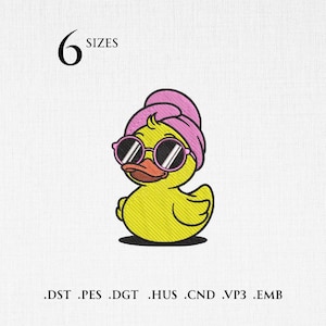 May include: A yellow duck wearing a pink towel and sunglasses. The duck has a brown beak and is embroidered. The number 6 and the word "SIZES" are above the duck. Below the duck are the file types .DST .PES .DGT .HUS .CND .VP3 .EMB.