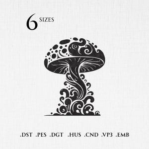 May include: Black and white mushroom design with intricate swirling patterns. The image includes the text "6 SIZES" and file type extensions. A decorative illustration suitable for various creative projects.