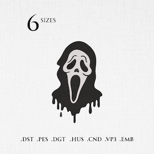 May include: Black and white Scream mask design with a dripping effect. The image includes the text "6 SIZES" and file type extensions .DST .PES .DGT .HUS .CND .VP3 .EMB. The design is suitable for embroidery or digital projects.
