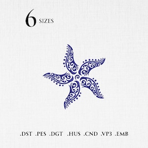 May include: A dark blue starfish embroidery design featuring intricate swirling patterns and small dots along the edges. The image includes the text 6 SIZES at the top and a list of file formats .DST .PES .DGT .HUS .CND .VP3 .EMB at the bottom.
