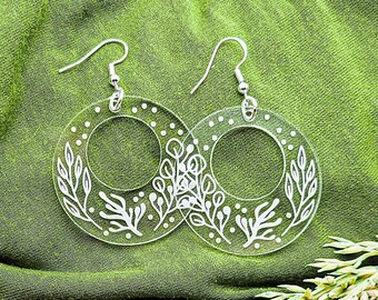 Coral Sea Plants Engraved Clear Acrylic Earrings | Drop, Dangle Earrings | Nautical