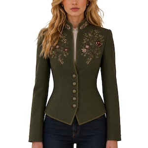 Vintage Dress Olive Green Floral Embroidered Military Style Jacket, Stand Collar Blazer