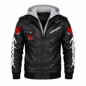 May include: A black faux leather jacket with a gray jersey hood, featuring red and white graphic prints of a stylized demon mask and the text Cyberpunk 2077. The jacket includes a front zipper, two chest pockets with flaps, and two diagonal zippered pockets.
