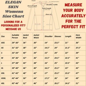 May include: A size chart for a jacket with a line drawing showing measurement points for shoulder width, sleeve length, and body length. The table lists sizes from XXS to 4XL with corresponding measurements in inches for bust, waist, shoulder, sleeves, length, and hem width.