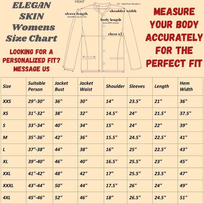 May include: A size chart for a jacket with a line drawing showing measurement points for shoulder width, sleeve length, and body length. The table lists sizes from XXS to 4XL with corresponding measurements in inches for bust, waist, shoulder, sleeves, length, and hem width.