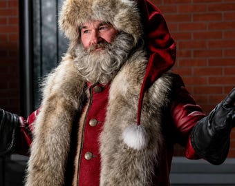 Kurt Russell Santa Coat, Christmas Chronicles Cosplay Costume, Red Leather Shearling Trench Hooded Coat
