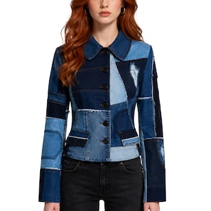 Patchwork Denim Jacket Women, Reworked Distressed Blue Jean Coat