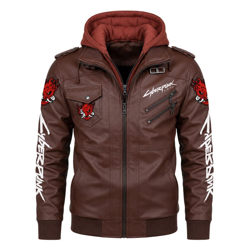 May include: A brown faux leather jacket featuring a dark red hood, a front zipper closure, and two diagonal chest pockets. The jacket displays white Cyberpunk text on the chest and sleeves, along with red and white oni mask patches on the shoulders.
