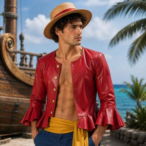 May include: A straw boater hat with a red ribbon band, a red long-sleeved jacket with a ruffled hem and gold buttons, and a mustard yellow sash worn over blue trousers. The jacket features a collarless neckline and flared sleeve cuffs.