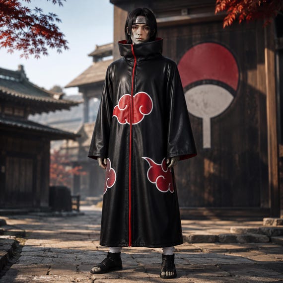 Itachi Uchiha Black Leather Coat, Akatsuki Red Cloud Hooded Cloak, Anime Cosplay Costume
