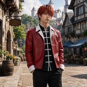 May include: A red leather jacket with white lapels and cuffs worn over a black mandarin collar shirt featuring white frog closures. The jacket has a structured fit, long sleeves, and a smooth texture, paired with plain black trousers.