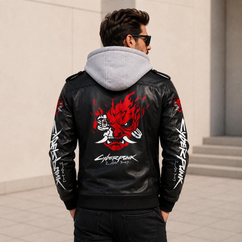 May include: A black leather jacket with a gray hooded sweatshirt layer underneath. The back features a large red and white graphic of a stylized oni mask with flames and the text Cyberpunk 2077. Both sleeves display white Cyberpunk 2077 text.