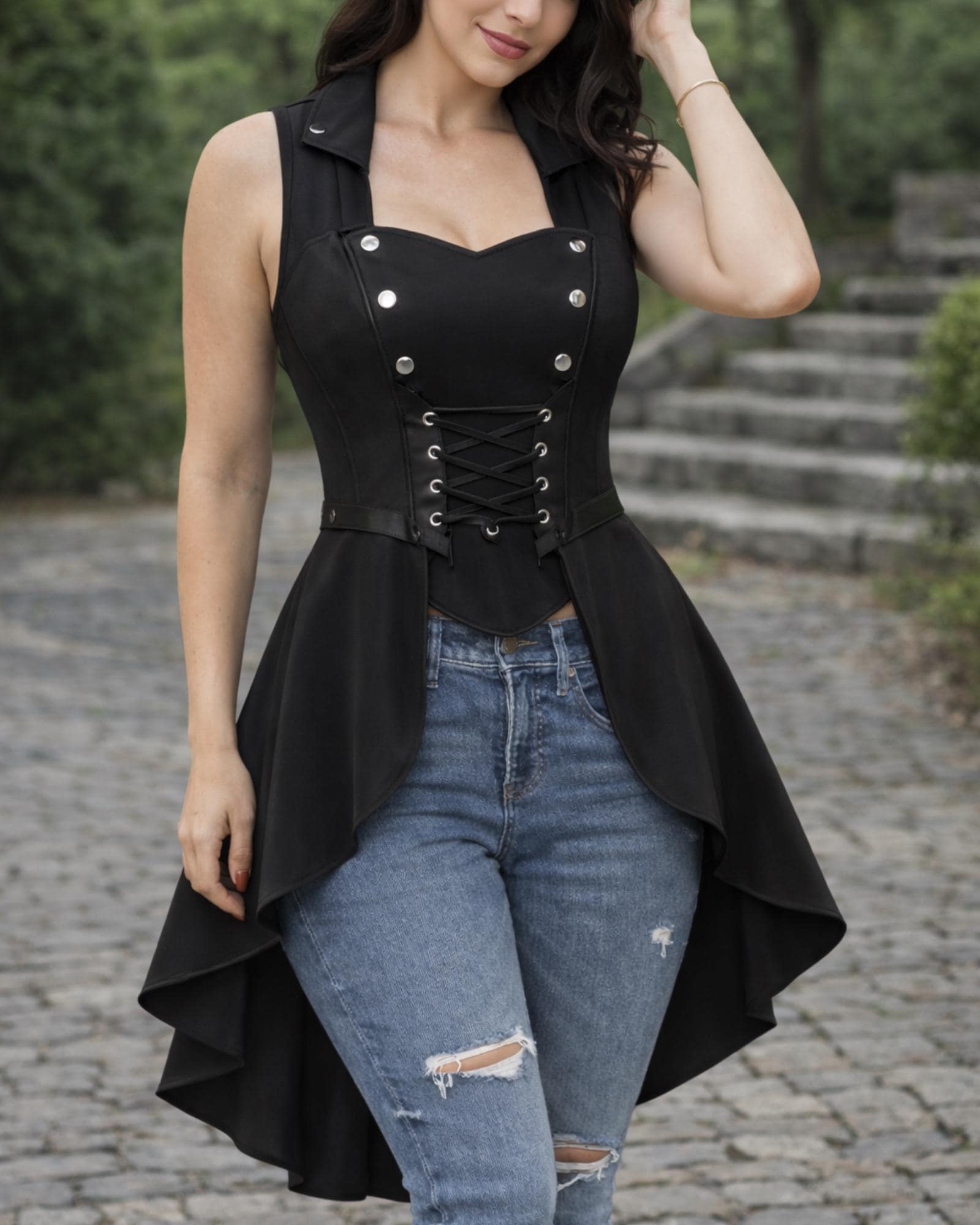 Black Victorian High Low Corset Vest Women Gothic Sleeveless Tail