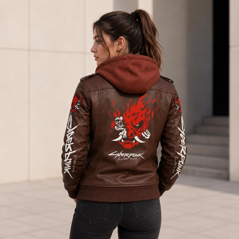 May include: A brown leather jacket with a hood, featuring a red and white graphic of a stylized robotic oni mask on the back. The text "CYBERPUNK" and "2007" are printed below the mask, with "CYBERPUNK" also printed vertically on both sleeves.