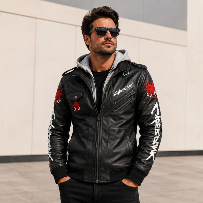 May include: A black jacket with a gray hood, featuring white Cyberpunk text on the sleeves and chest, red graphic patches on the shoulders, a front zipper, shoulder epaulets, and a chest pocket with a snap button closure.