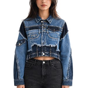 Patchwork Cropped Denim Jacket Women, Distressed Reworked Jean Coat