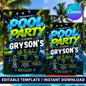 Invitación para fiesta en la piscina de chicos adolescentes / Tema de neón y relámpagos para el décimo cumpleaños / Invitación de verano eléctrica / Plantilla editable de Canva / Descarga instantánea