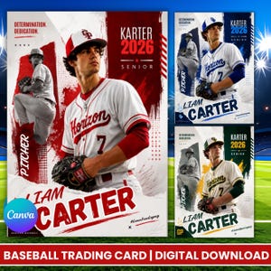 May include: A digital baseball trading card design featuring a player in a white jersey with red lettering that reads Horizon 7. The layout includes the text Karter 2026 Senior, Liam Carter, and Determination, Dedication. The graphic uses red and white accents.