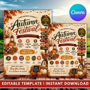 May include: A flyer template for an Autumn Festival featuring fall foliage, string lights, and pumpkins. Text includes Come Together & Celebrate, Autumn Festival, Saturday November 8, 2026, 11:00 AM to 4:00 PM, Pineview Community Park, and Bring Your Family.