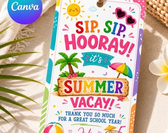 Sip Sip Hoera Zomervakantie Cadeaukaartjes | Waardering door leraar | Tags einde schooljaar | Afdrukbaar tropisch strand