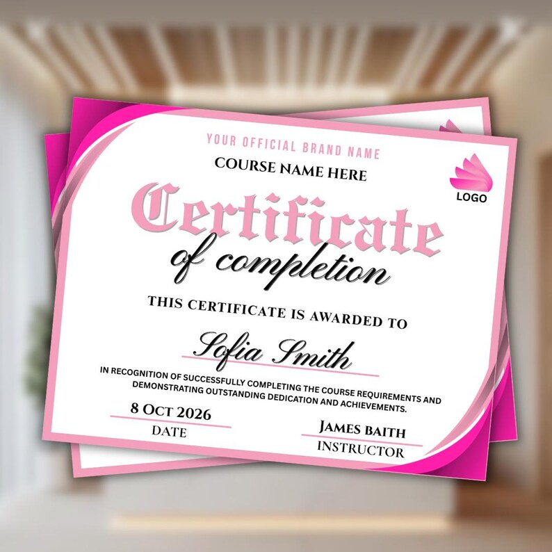 Editble Certificate of Completion Template, Pink Canva Certificate ...