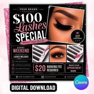 Peut inclure: Un dépliant promotionnel pour une offre de cils à 100 $ avec le texte Your Brand Presents $100 Lashes Special Beauty That Speaks, Every Weekend Premium Quality Lashes Included, $20 Booking Fee Required, et Book Your Appointment Now.