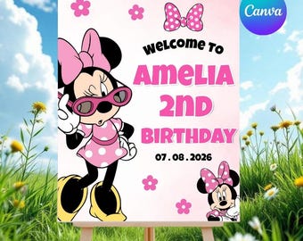 Cartel de bienvenida de cumpleaños de Minnie Mouse TwoDles / Plantilla editable de Canva (Descarga digital)