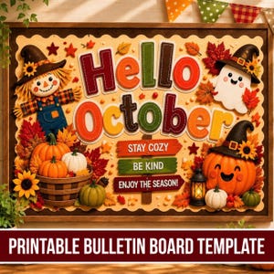 Könnte beinhalten: Eine Pinnwand-Vorlage mit dem Text Hello October, einer Vogelscheuche, einem Geist und Kürbissen mit Hüten. Drei Holzschilder tragen die Aufschriften Stay Cozy, Be Kind und Enjoy The Season. Das Design enthält Herbstblätter, Sonnenblumen und eine Laterne.