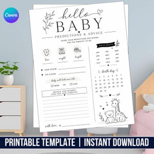 Pode incluir: Um cartão de atividades imprimível para chá de bebê com o texto hello BABY PREDICTIONS & ADVICE. O layout inclui seções para detalhes de nascimento, um calendário para o mês e dia de nascimento, e espaço para conselhos, decorado com desenhos de um urso e uma girafa.