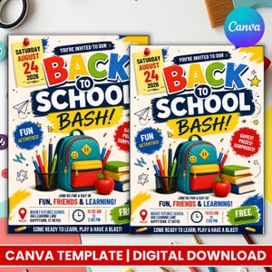 May include: A colorful Back to School Bash event flyer featuring a teal backpack, a red apple, stacked books, and a pencil holder. The text reads: You're invited to our Back to School Bash, Saturday August 24 2026, Fun Activities, Games, Prizes, Surprises.