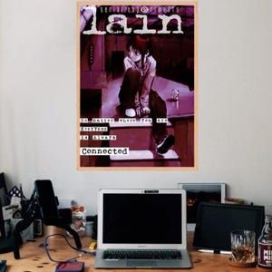 May include: A rectangular wall poster featuring the anime Serial Experiments Lain. The artwork depicts a dark-haired character sitting in a purple-toned room with the text No matter where you are Everyone Is Always Connected printed below.