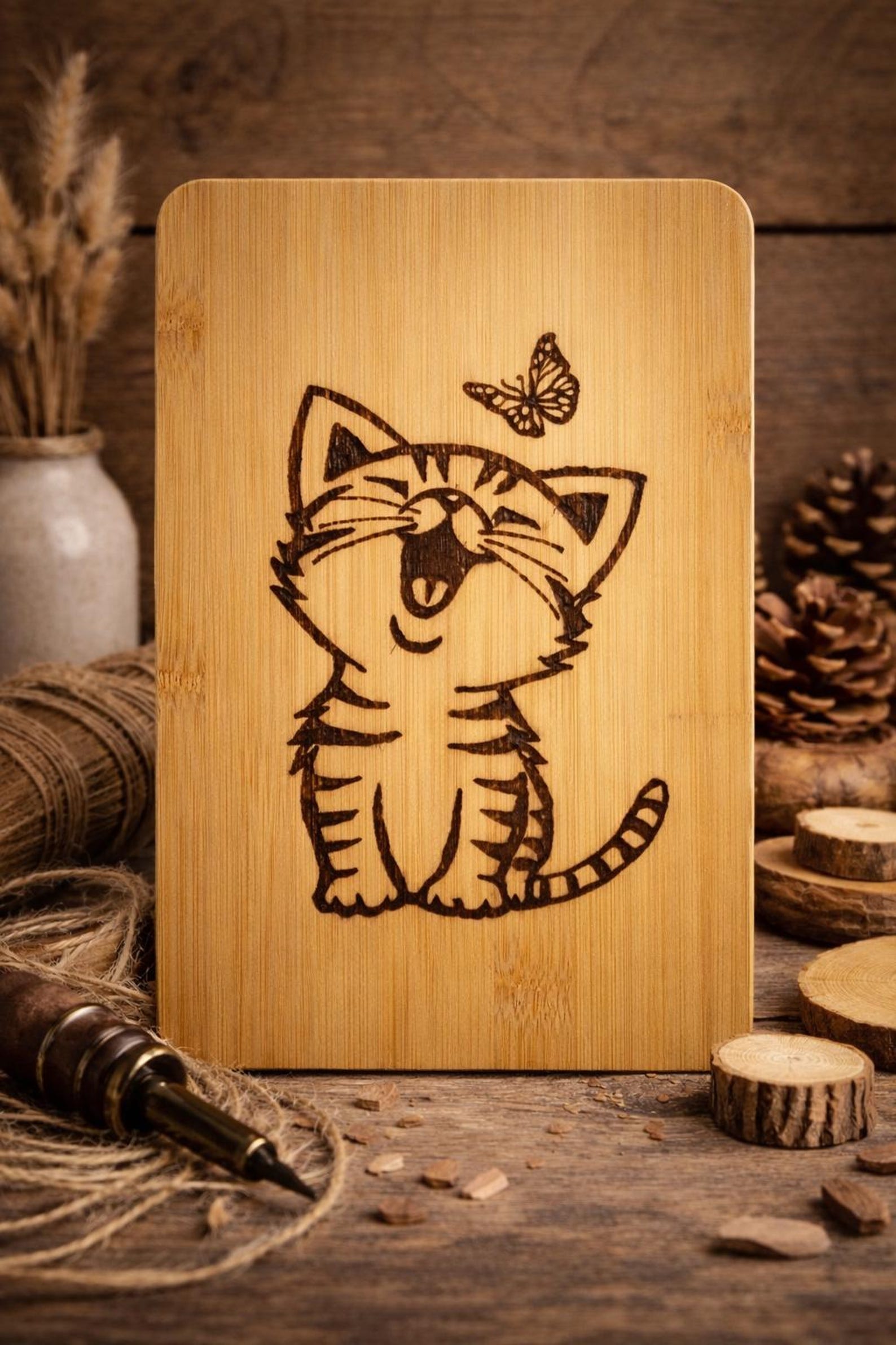 Handmade Wood Burning Cat Decor, Cute Tabletop Wooden Gift, Pyrography ...