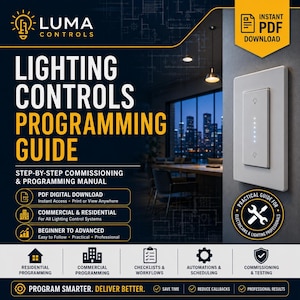 Puede incluir: Una guía de programación de controles de iluminación Luma Controls en formato digital, que muestra un interruptor de pared blanco con un indicador LED vertical. El texto incluye secciones para sistemas comerciales, residenciales y flujos de trabajo.
