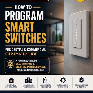 May include: A digital guide titled How to Program Smart Switches by Luma Controls, featuring a white wall-mounted smart switch with touch controls. The document includes sections for residential and commercial programming, checklists, and commissioning.