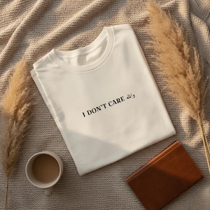 Peut inclure: Un t-shirt blanc avec l'inscription noire "I DON'T CARE", avec une écriture arabe en dessous. Le t-shirt est plié sur une couverture beige, à côté d'une tasse de café et d'un carnet marron. Des tiges de blé séchées sont de chaque côté.